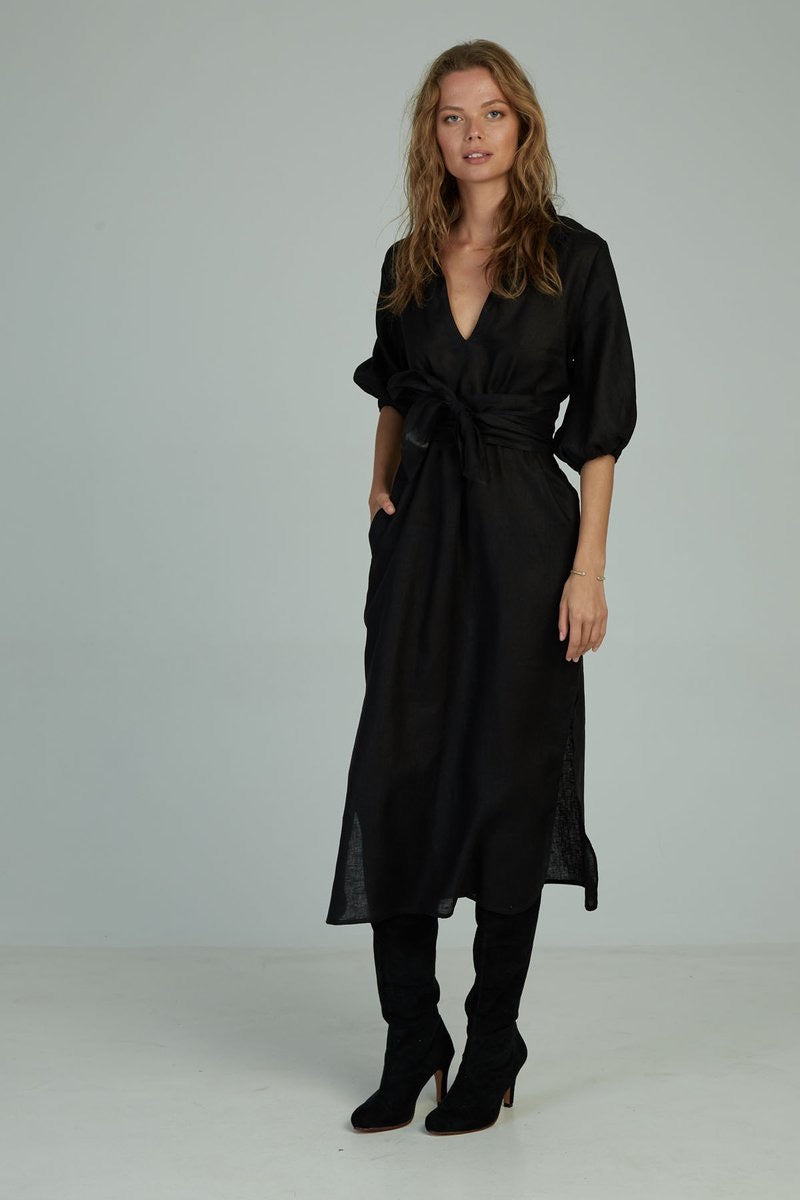 CALMA LINEN MAXI DRESS WITH BELT- BLACK Bon Bon Bella CALMA LINEN MAXI DRESS WITH BELT- BLACK Bon Bon Bella