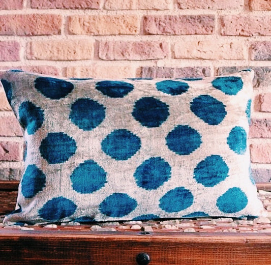 Velvet Ikat Cushion Cover - Blue Polka Dot