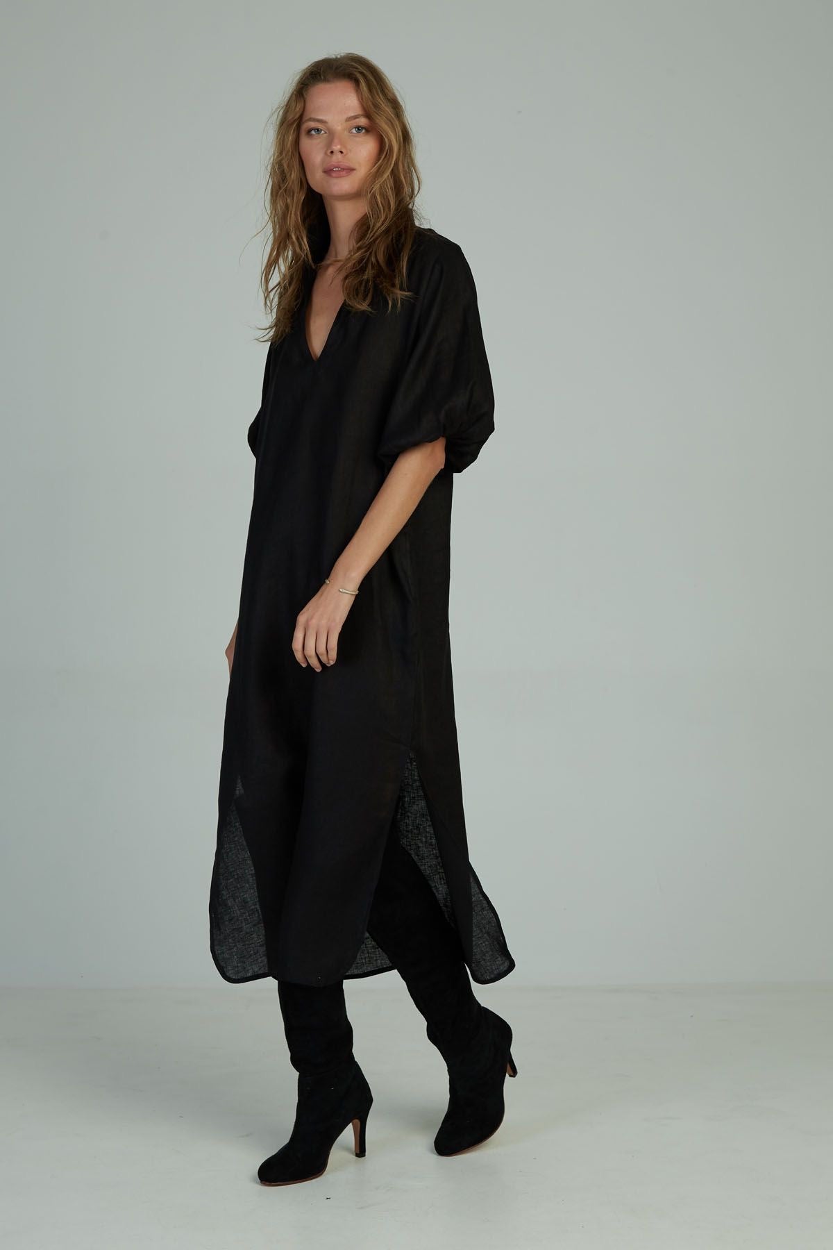 CALMA LINEN MAXI DRESS WITH BELT- BLACK