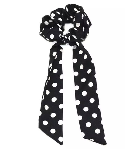 The Sue Hair Scrunchie with tie - Black with white spots