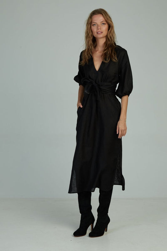 CALMA LINEN MAXI DRESS WITH BELT- BLACK