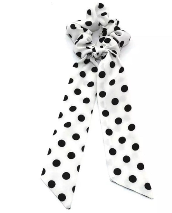 The Sue Hair Scrunchie with tie - White with black spots